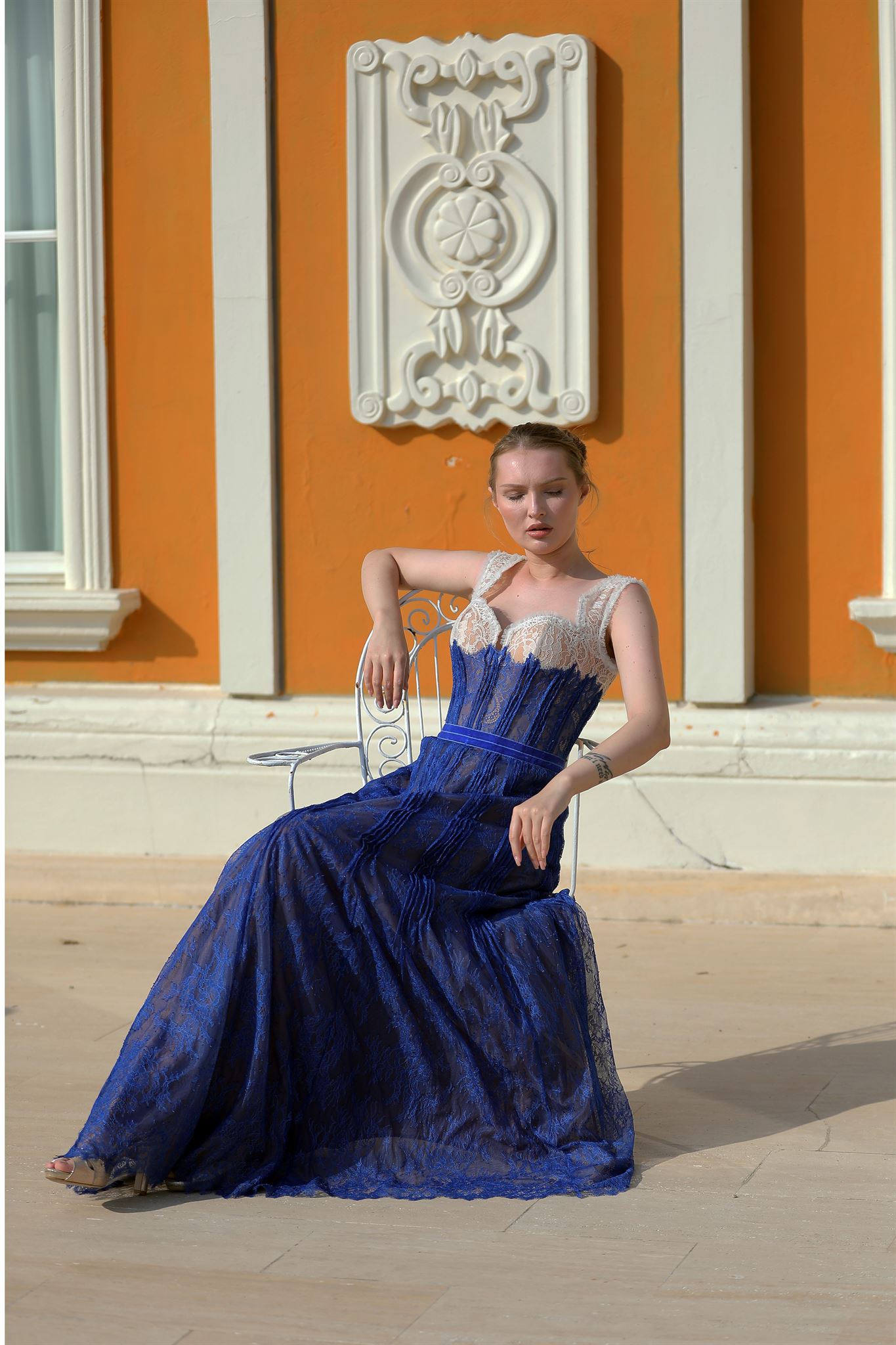 Cobalt blue white-lace corset gown