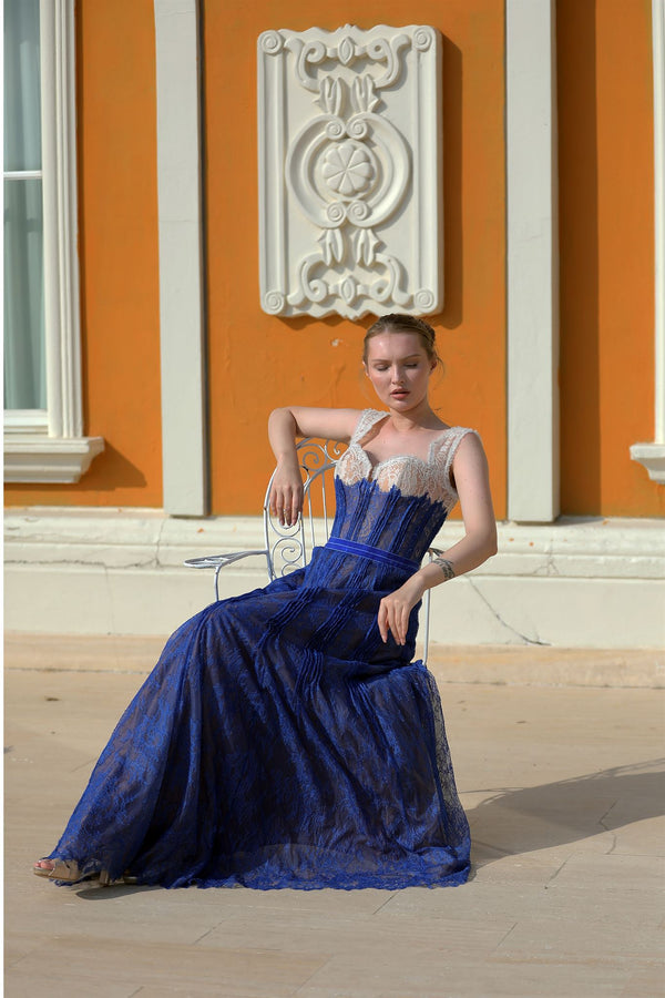 Cobalt blue white-lace corset gown