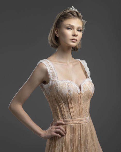 Blush ivory-lace corset gown