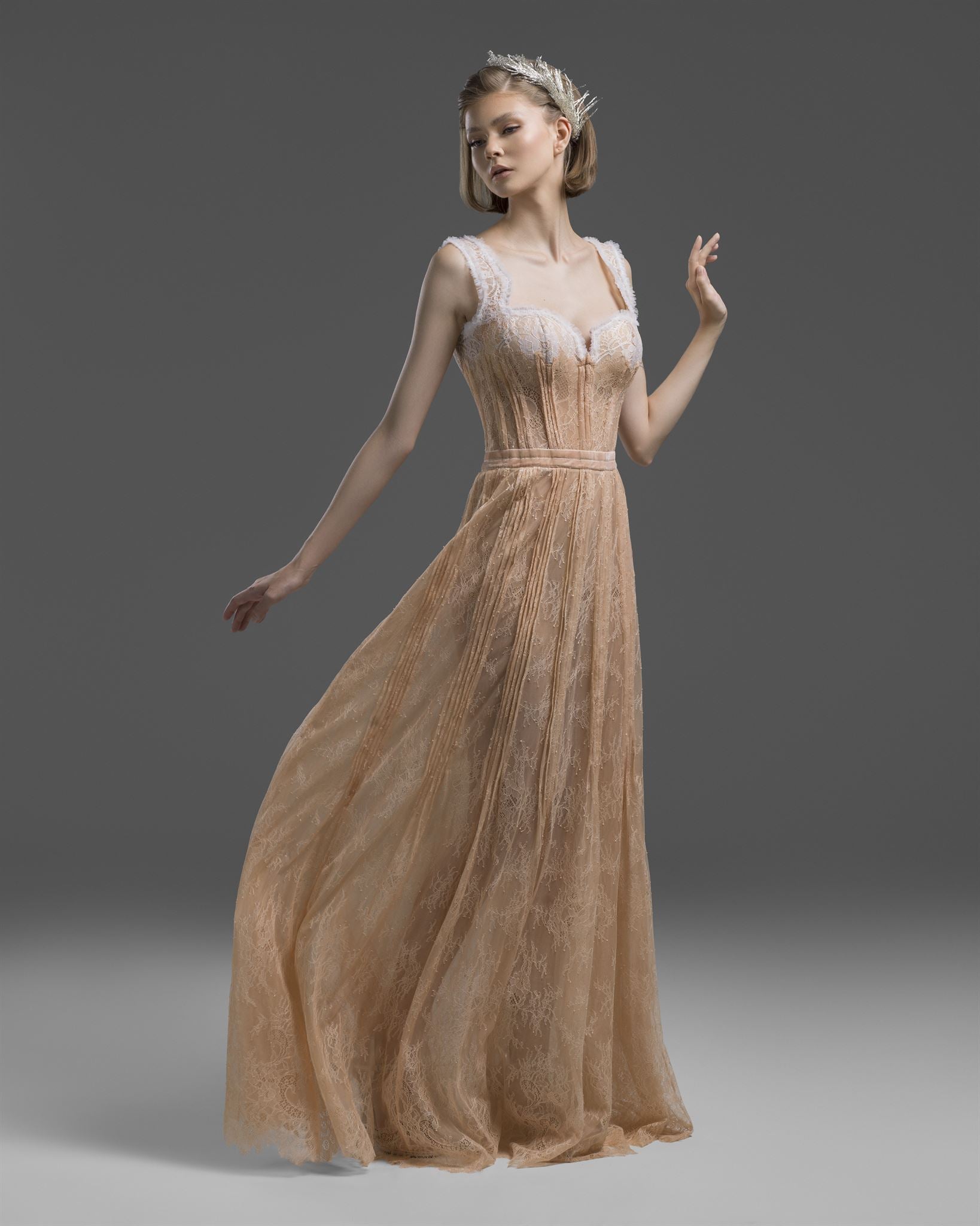 Blush ivory-lace corset gown