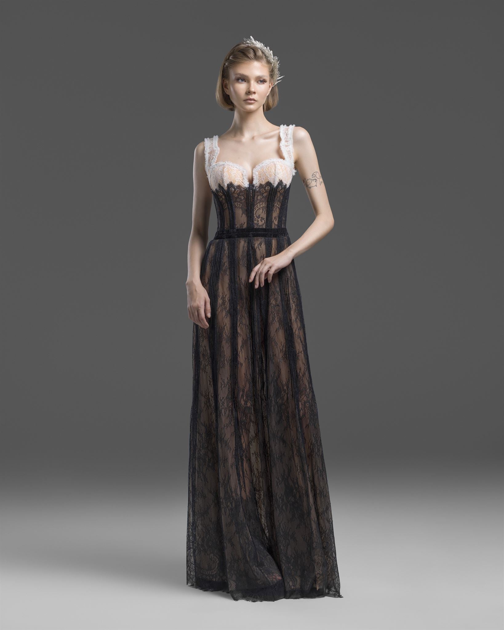 Black lace nude-base corset gown