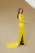 Lemon bow off-shoulder slit gown - 4