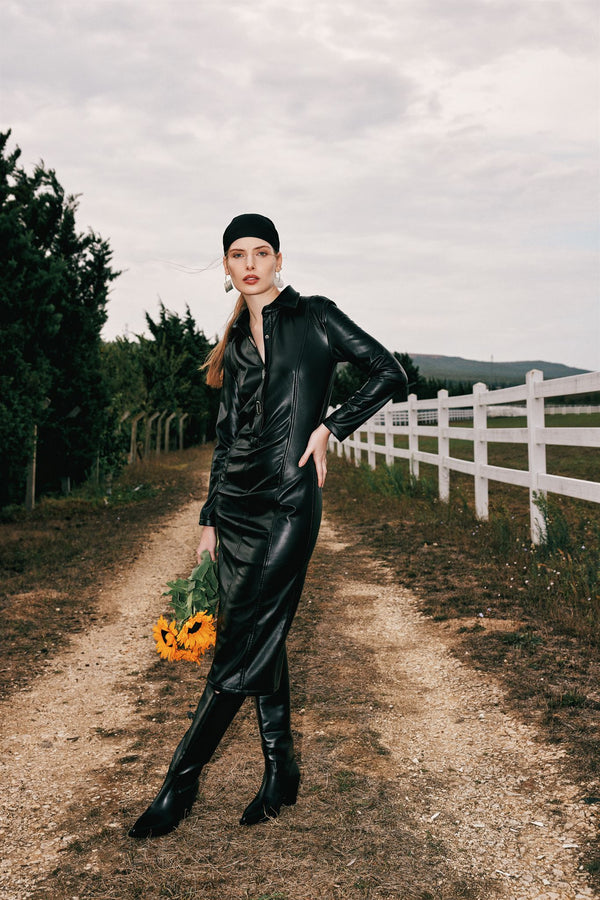 Black leather midi shirt dress