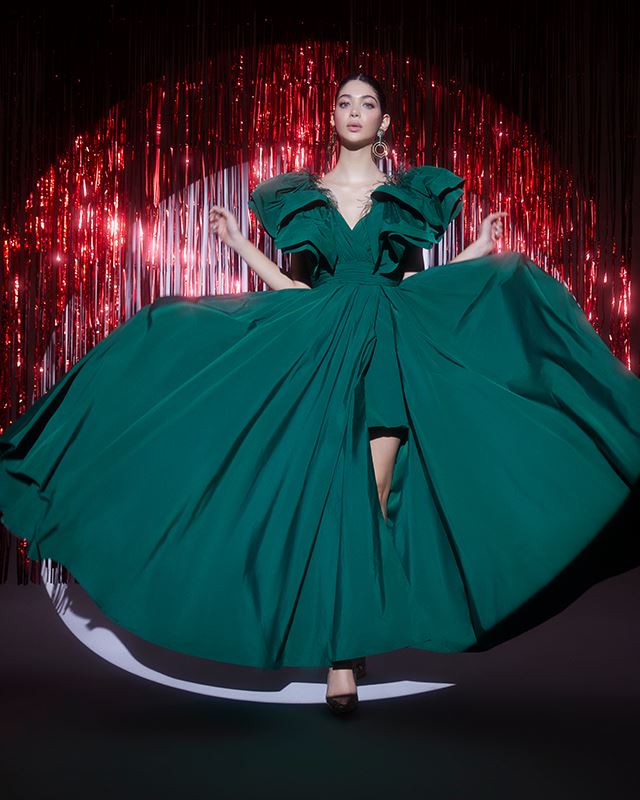Emerald ruffled V-neck gown