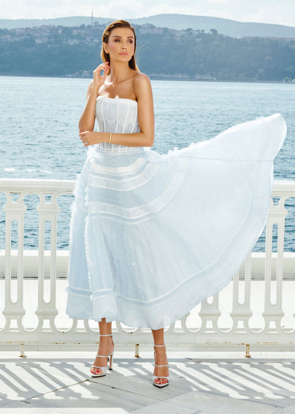 Light blue lace corset midi dress