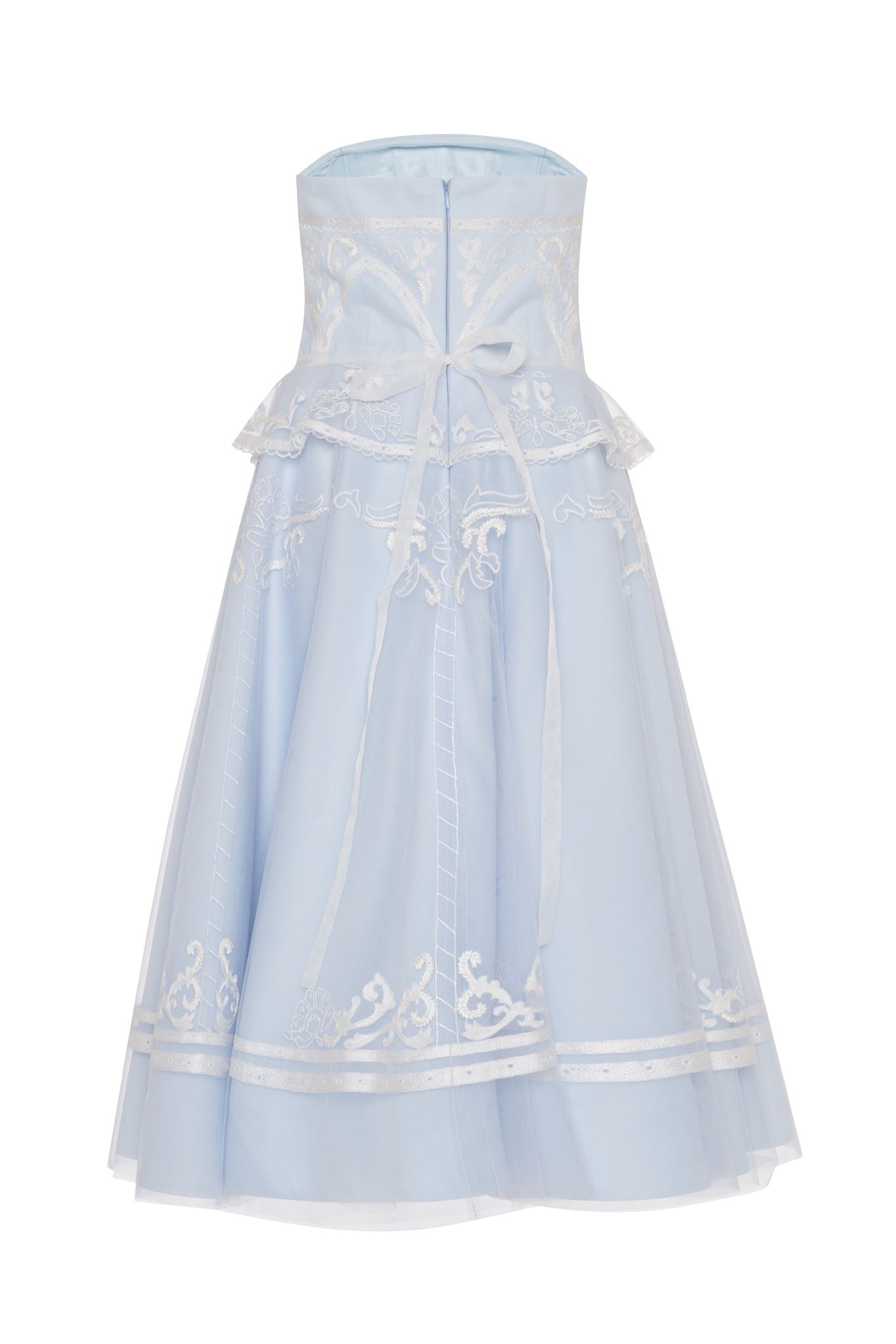 White embroidered tulle peplum midi