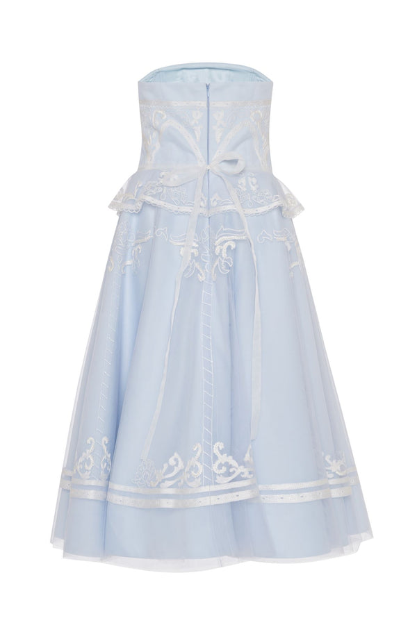 White embroidered tulle peplum midi