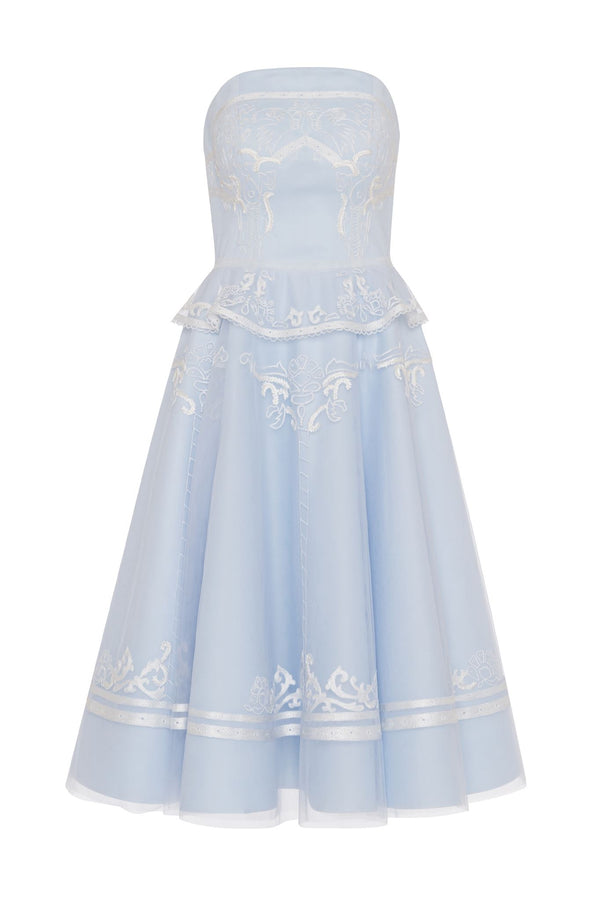 White embroidered tulle peplum midi
