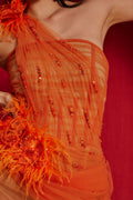 Orange one-shoulder floral tulle gown - 2