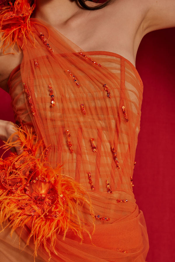 Orange one-shoulder floral tulle gown