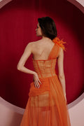 Orange one-shoulder floral tulle gown - 3