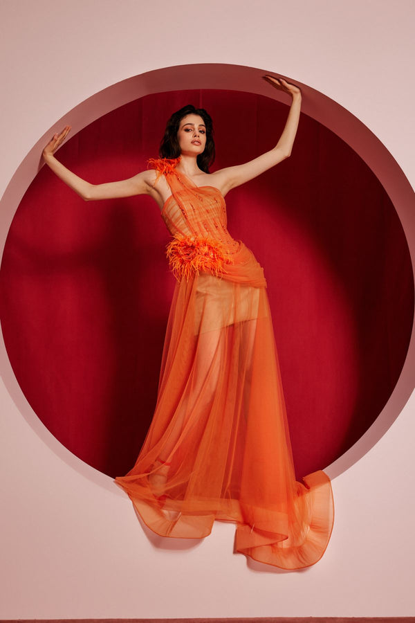 Orange one-shoulder floral tulle gown