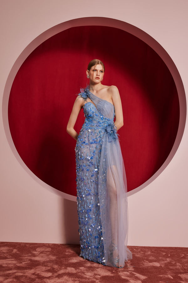 Light blue embellished one-shoulder gown