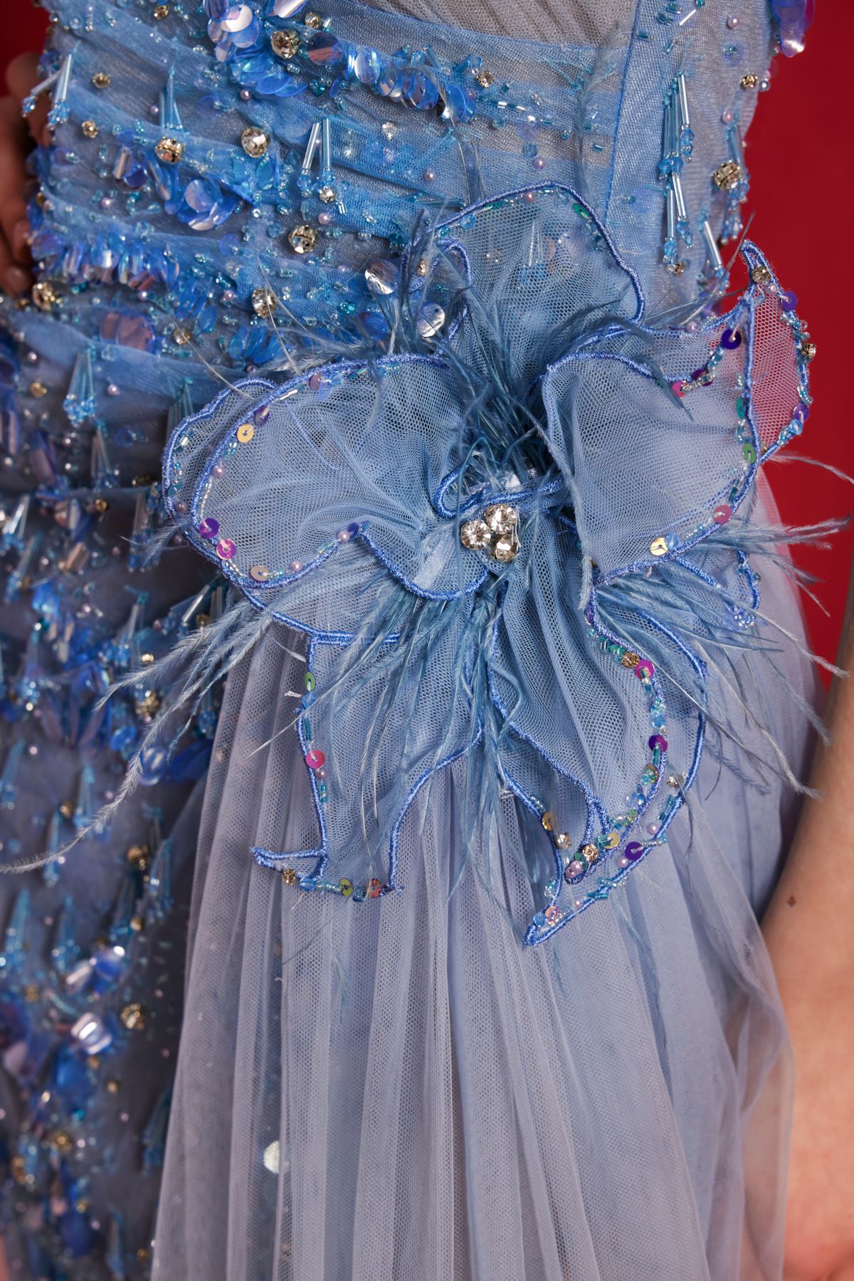 Light blue embellished one-shoulder gown