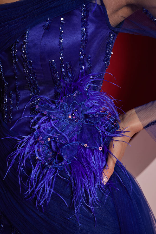 Deep blue embellished feather-detail gown