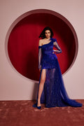 Deep blue embellished feather-detail gown - 1