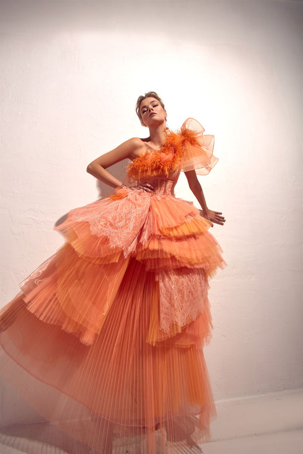 Coral pleated-tulle ruffle gown