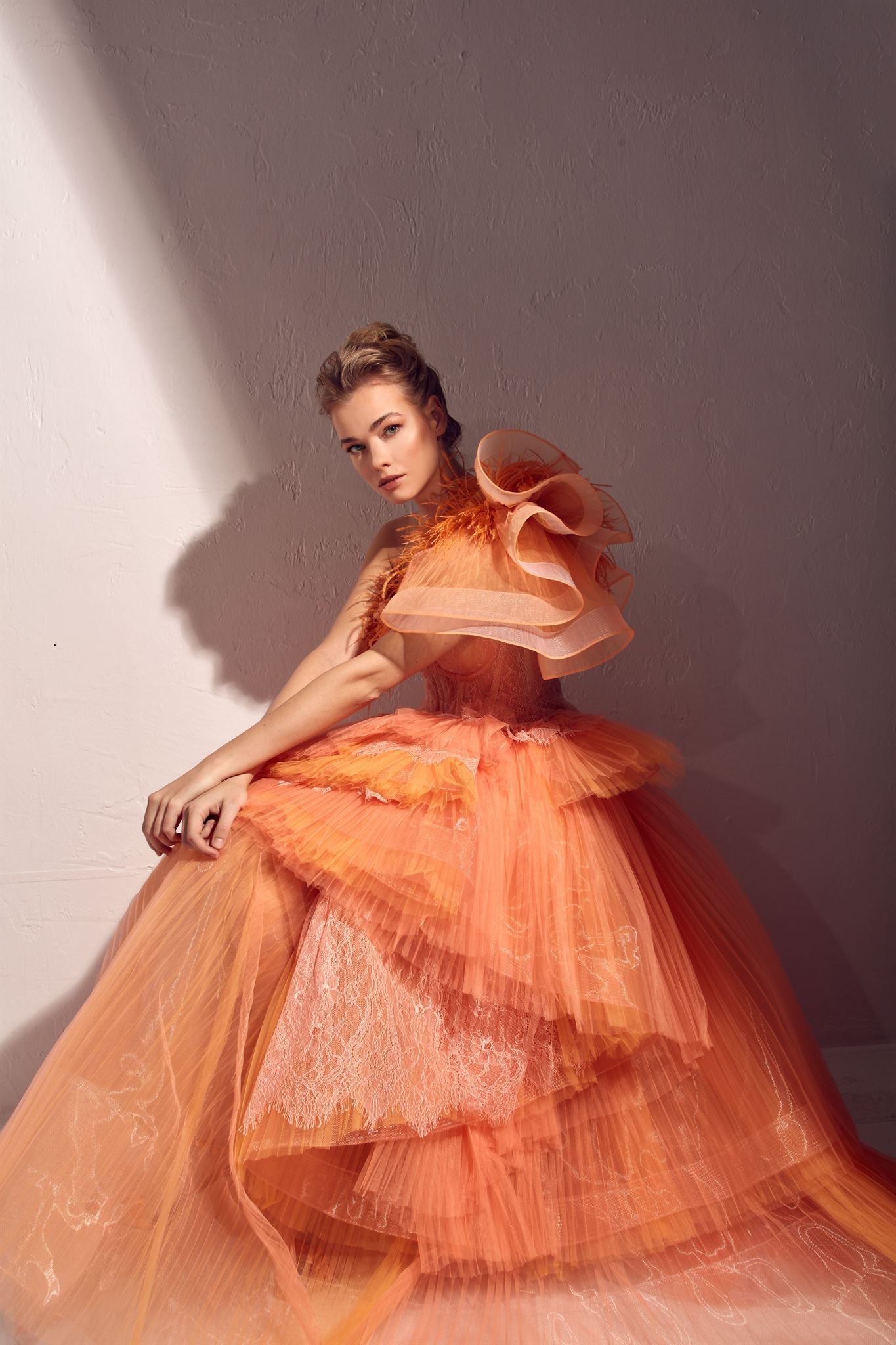 Coral pleated-tulle ruffle gown