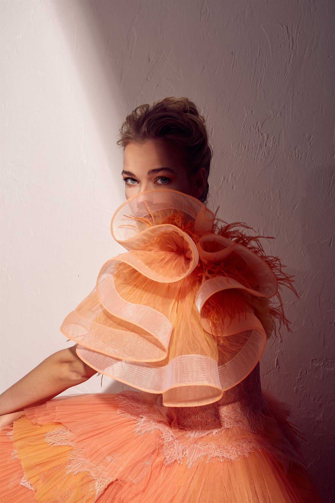Coral pleated-tulle ruffle gown