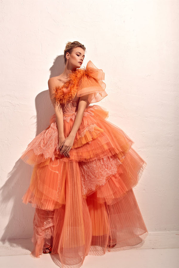 Coral pleated-tulle ruffle gown