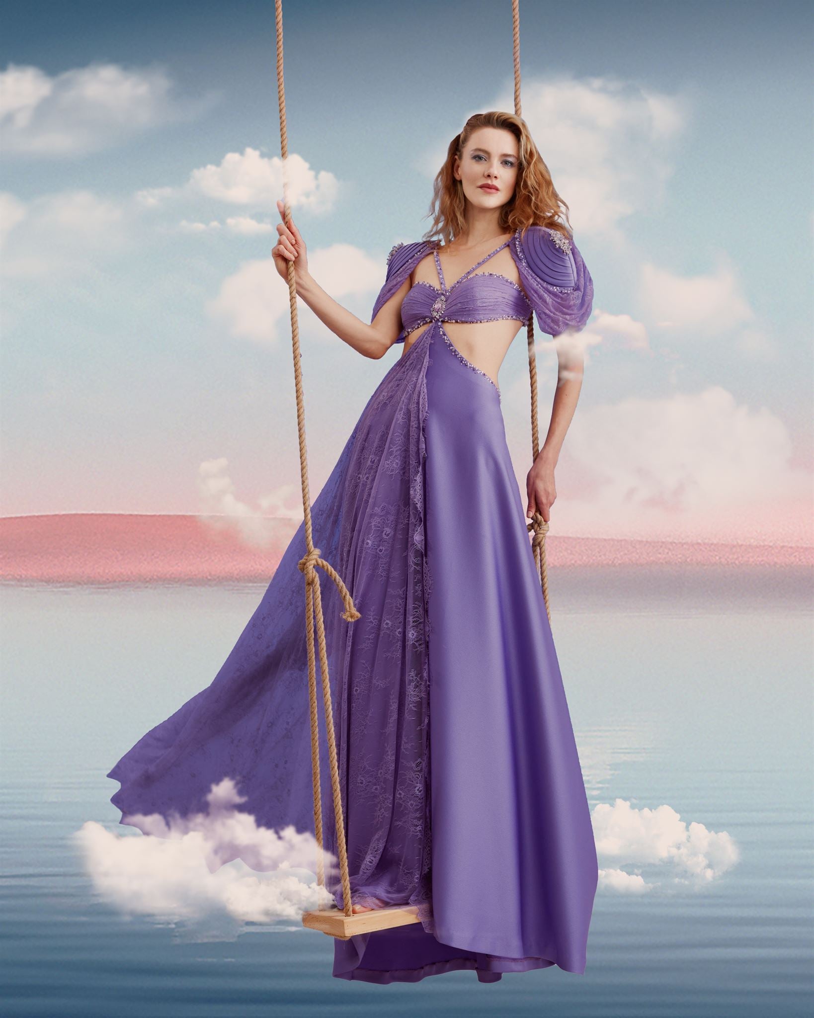 Lavender ruched crystal-trim gown
