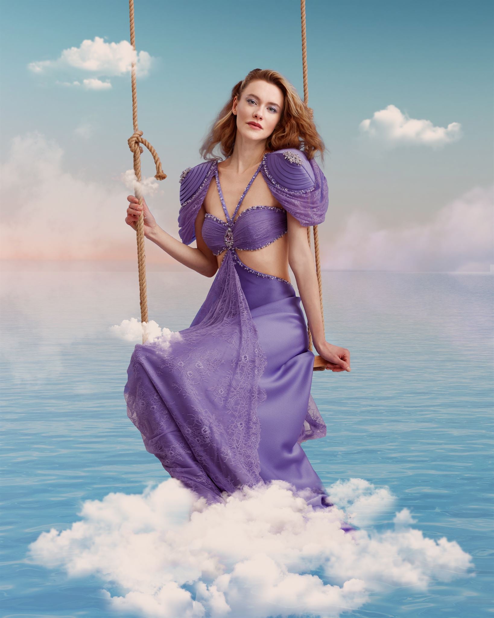 Lavender ruched crystal-trim gown