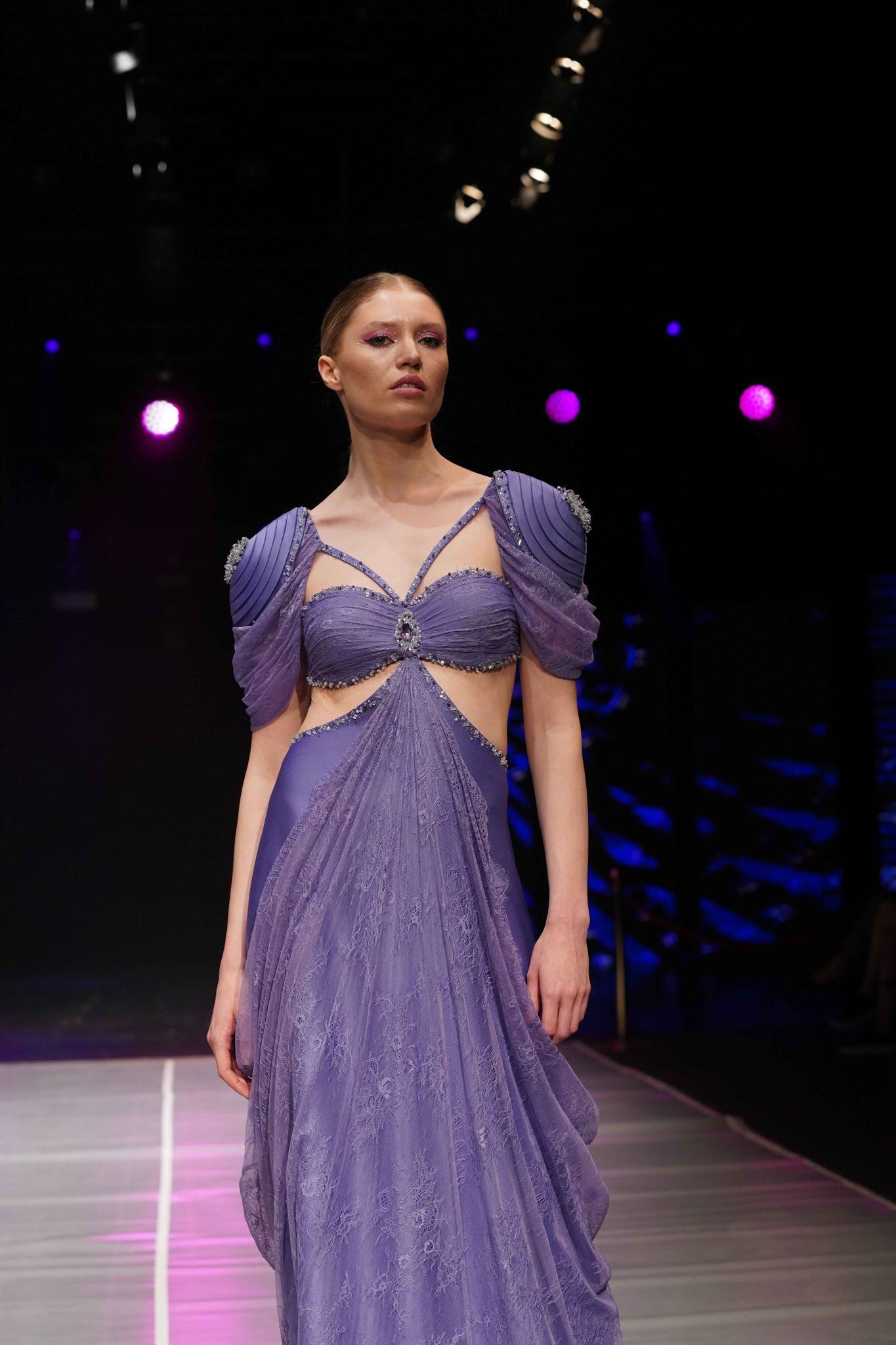 Lavender ruched crystal-trim gown