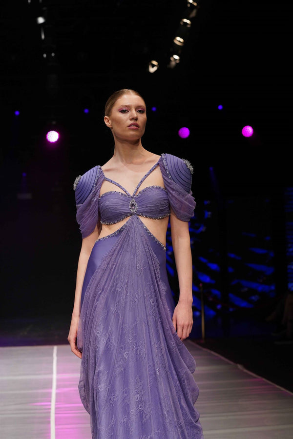 Lavender ruched crystal-trim gown