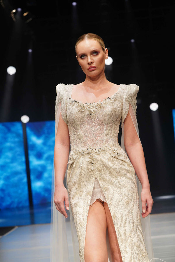 Ivory embellished overskirt gown