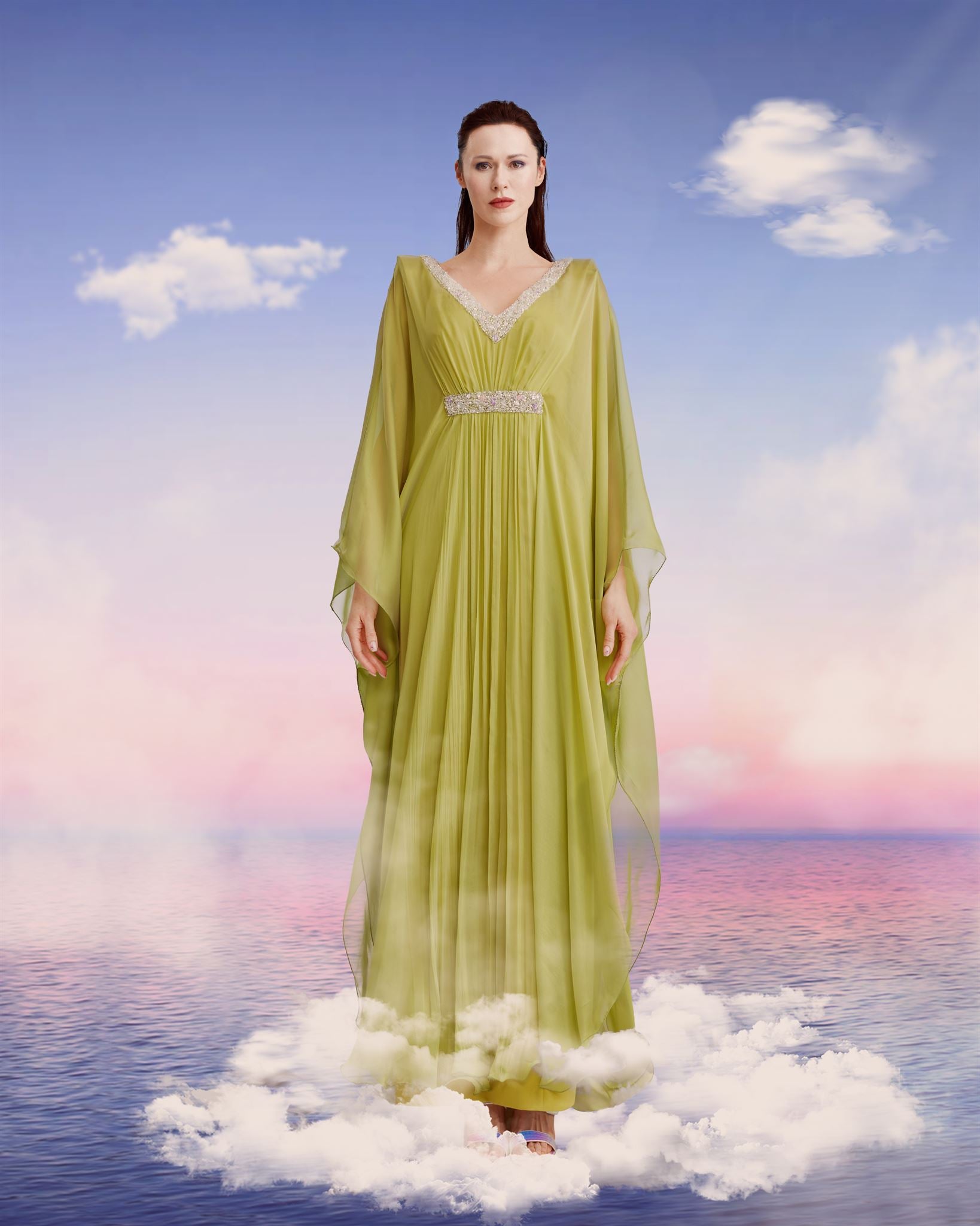 Crystal-beaded kaftan gown