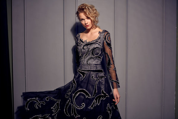 Floral appliqué tulle A-line dress