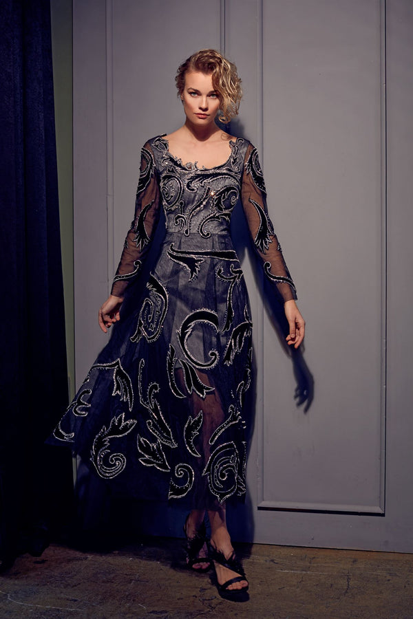 Floral appliqué tulle A-line dress
