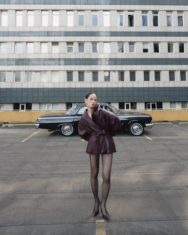 Burgundy sculptural belted jacket