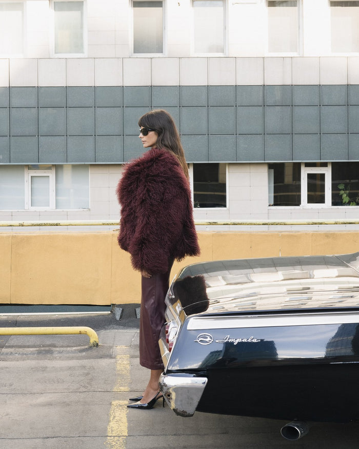 Burgundy leather halter midi dress