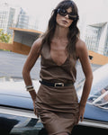 Brown leather V-neck top and pencil skirt set - 2