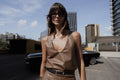 Brown leather V-neck top and pencil skirt set - 3