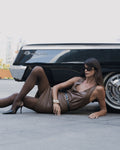 Brown leather V-neck top and pencil skirt set - 4