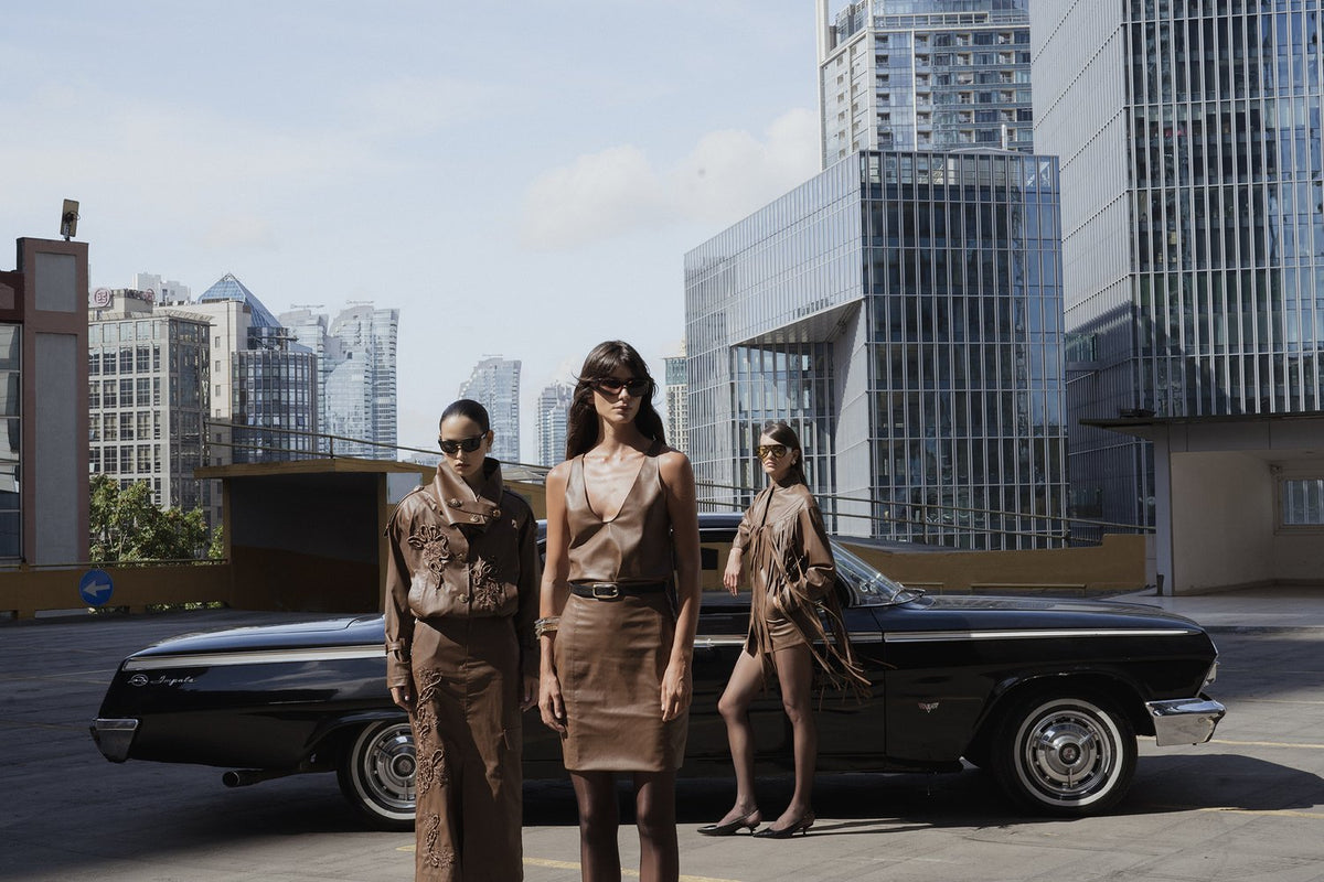 Brown leather appliqué jacket and skirt set