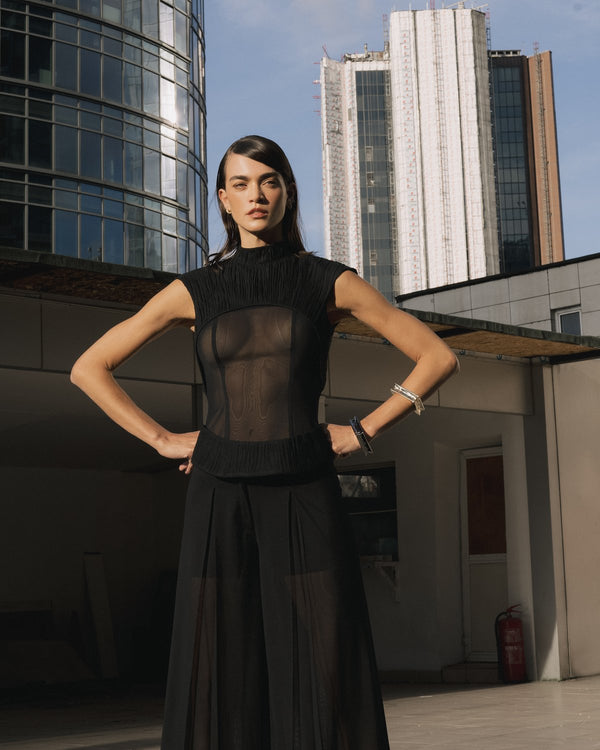 Black sheer pleated top and trouser set