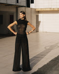 Black sheer pleated top and trouser set - 1