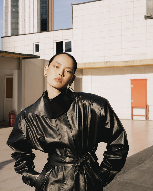 Black leather belted coat