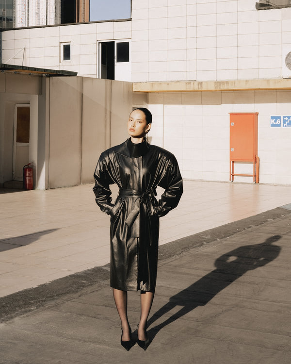 Black leather belted coat