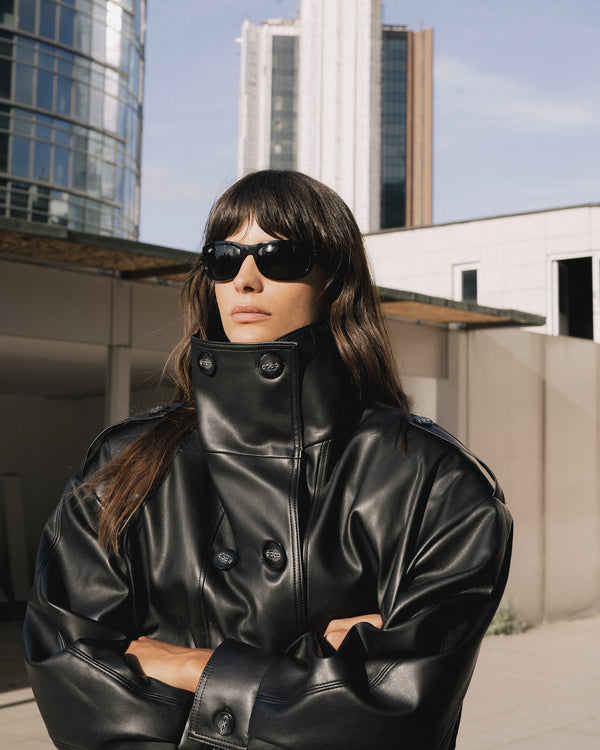 Black leather double-breasted jacket and skirt set