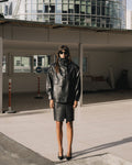 Black leather double-breasted jacket and skirt set - 1