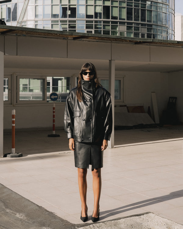 Black leather double-breasted jacket and skirt set