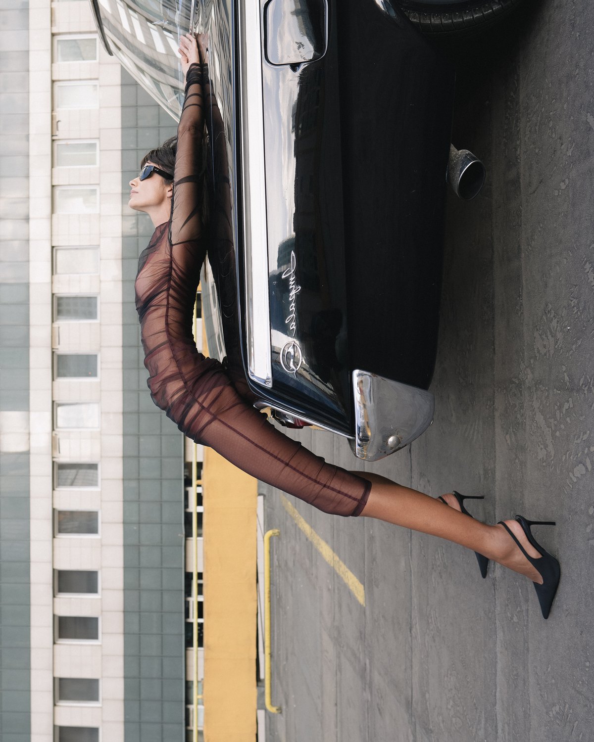 Black double-layer sheer mesh dress